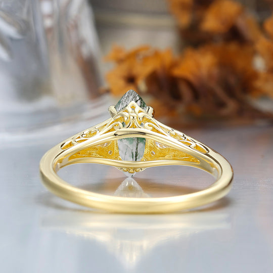 Vintage Marquise Cut Moss Agate Filigree Setting Ring Solid Yellow Gold Wedding Ring For Her
