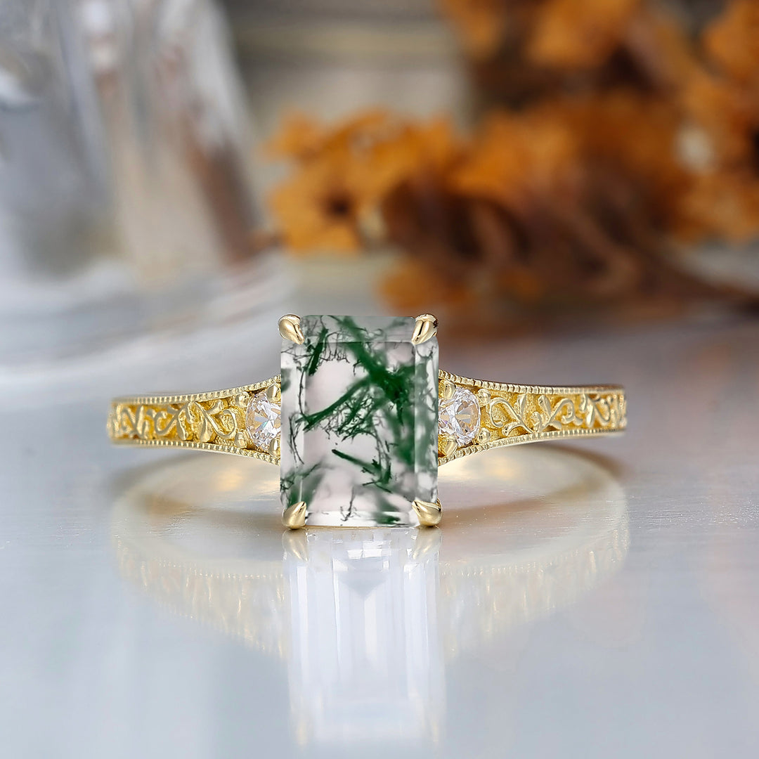 2CT Anillo Nupcial de Ágata Musgosa Corte Esmeralda Banda de Oro Amarillo Anillo de Boda Floral Grabado para Mujer