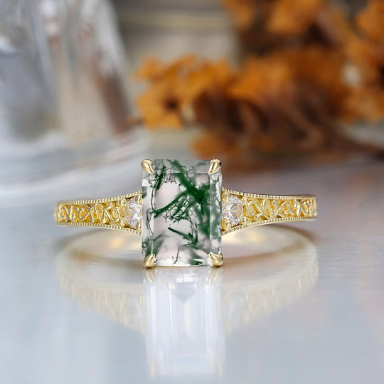2CT Anillo Nupcial de Ágata Musgosa Corte Esmeralda Banda de Oro Amarillo Anillo de Boda Floral Grabado para Mujer