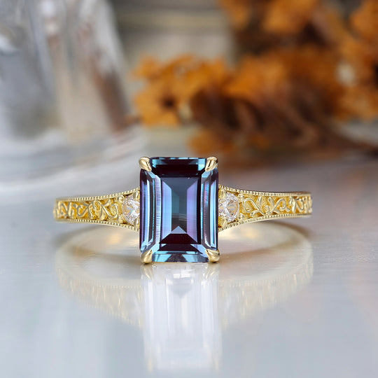 Retro Scrollwork Engraved 2CT Emerald Cut Alexandrite Bridal Ring Vine Wedding Ring For Her