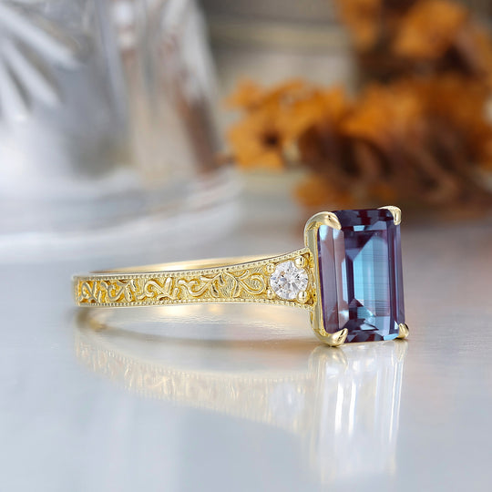 Retro Scrollwork Engraved 2CT Emerald Cut Alexandrite Bridal Ring Vine Wedding Ring For Her