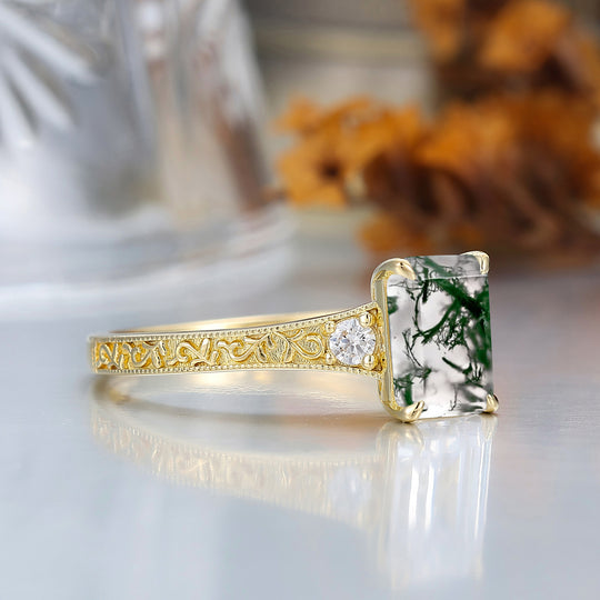 2CT Anillo Nupcial de Ágata Musgosa Corte Esmeralda Banda de Oro Amarillo Anillo de Boda Floral Grabado para Mujer
