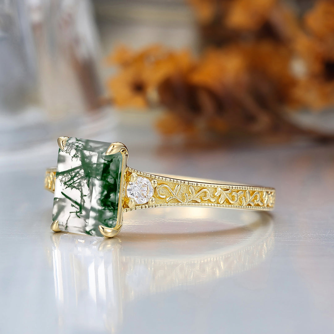 2CT Anillo Nupcial de Ágata Musgosa Corte Esmeralda Banda de Oro Amarillo Anillo de Boda Floral Grabado para Mujer