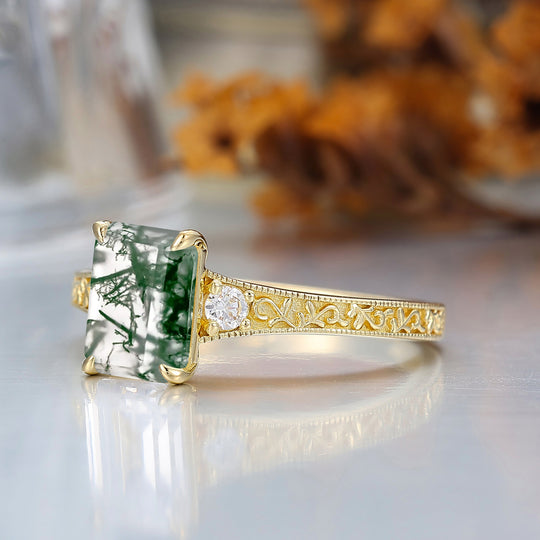 2CT Anillo Nupcial de Ágata Musgosa Corte Esmeralda Banda de Oro Amarillo Anillo de Boda Floral Grabado para Mujer