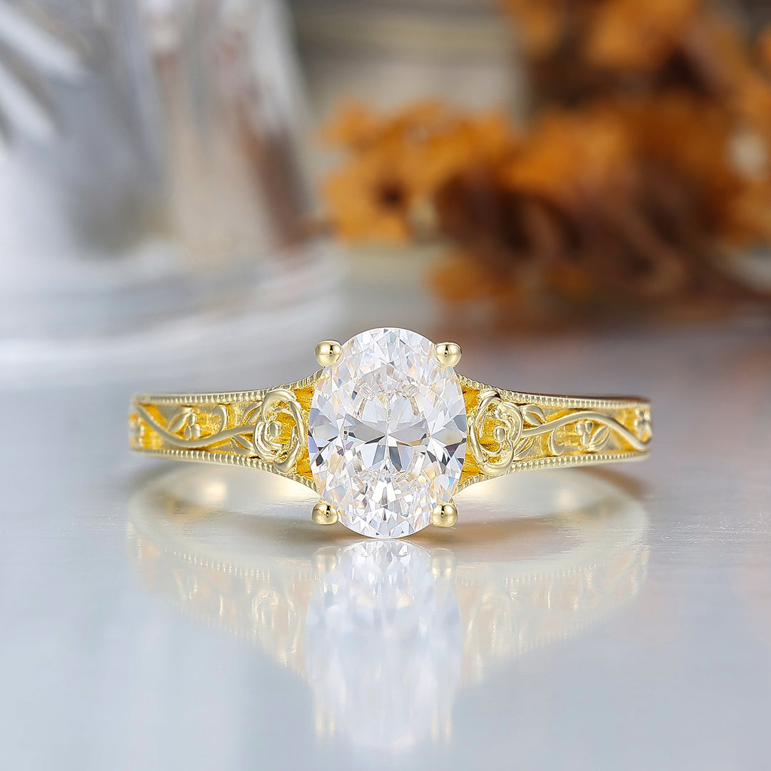 Retro Rose Floral Style Oval Cut Moissanite Bridal Ring Solitaire Moissanite Wedding Ring For Her