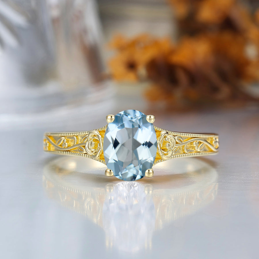 Retro Rose Floral Style Oval Cut Aquamarine Bridal Ring Solitaire Moissanite Wedding Ring For Her