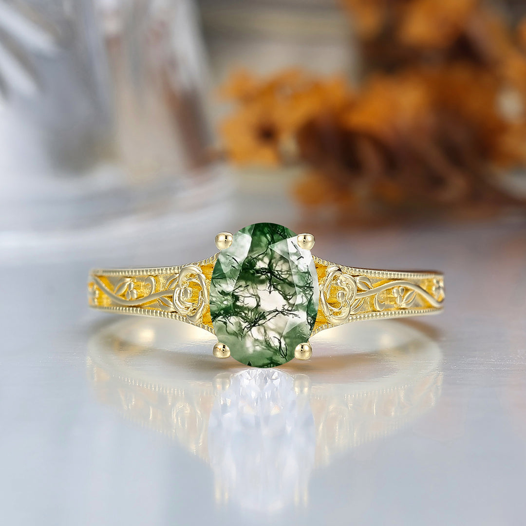 Retro Rose Floral Style Oval Cut Natural Moss Agate Bridal Ring Solitaire Moissanite Wedding Ring For Her