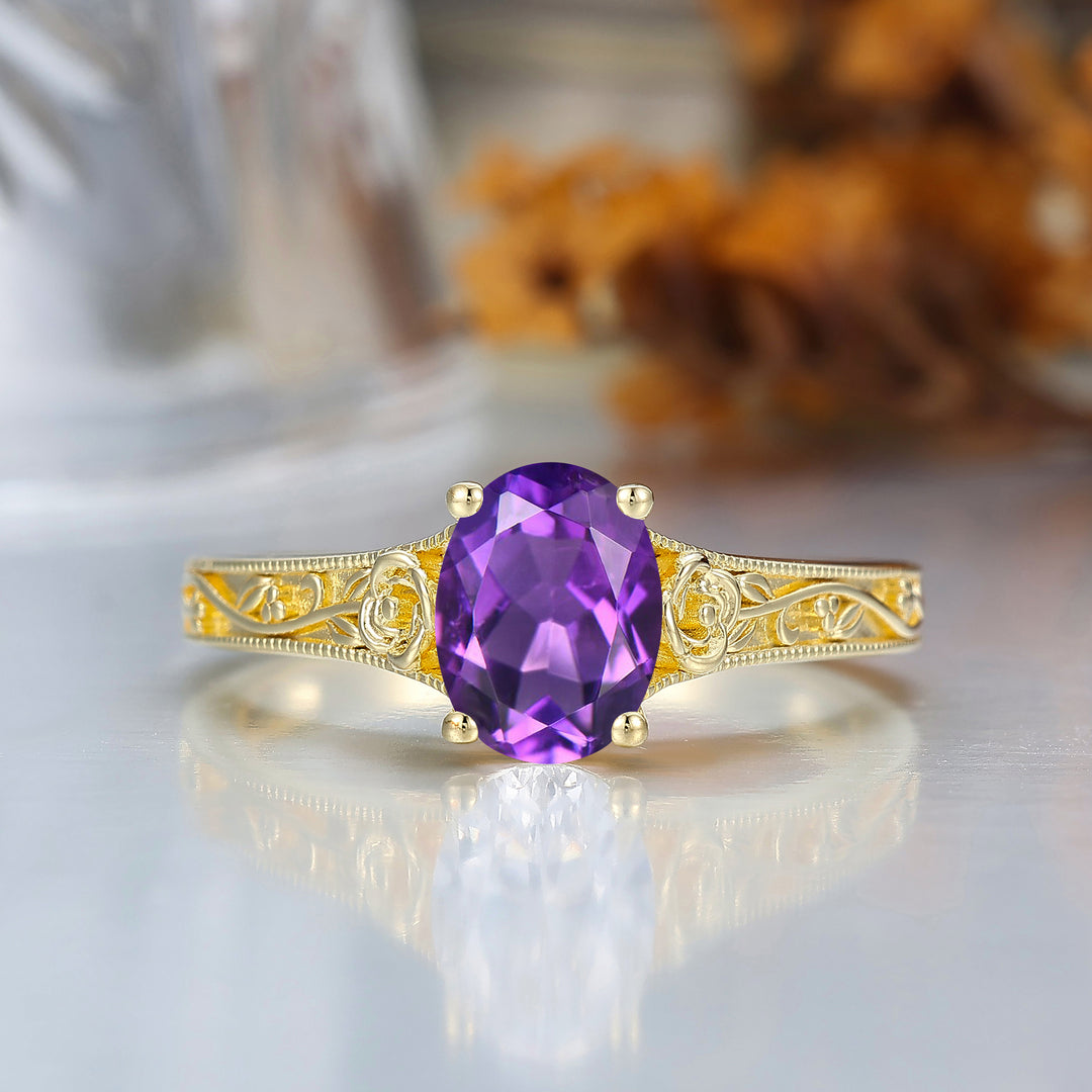 Retro Rose Floral Style Oval Cut Amethyst Bridal Ring Solitaire Moissanite Wedding Ring For Her