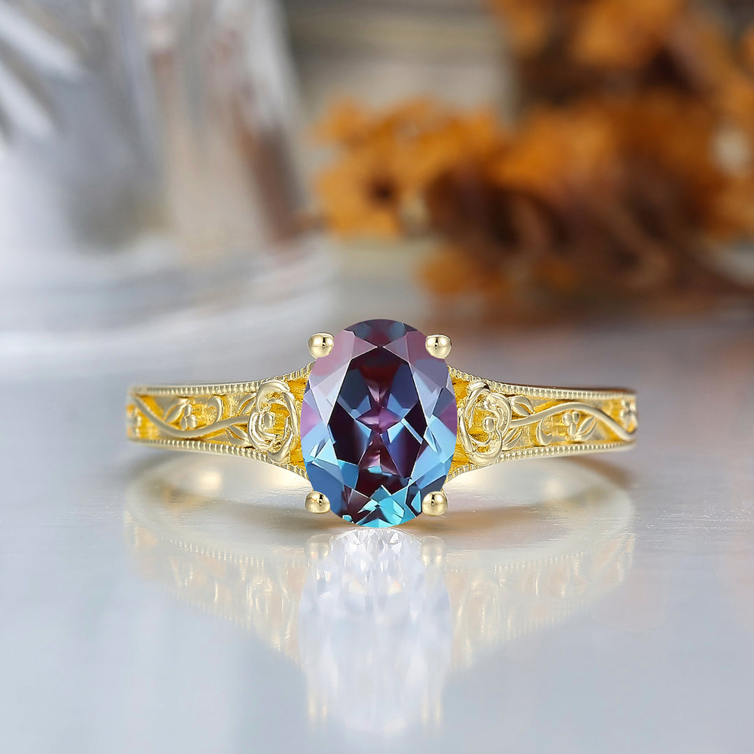 Retro Rose Floral Style Oval Cut Alexandrite Bridal Ring Solitaire Wedding Ring For Her