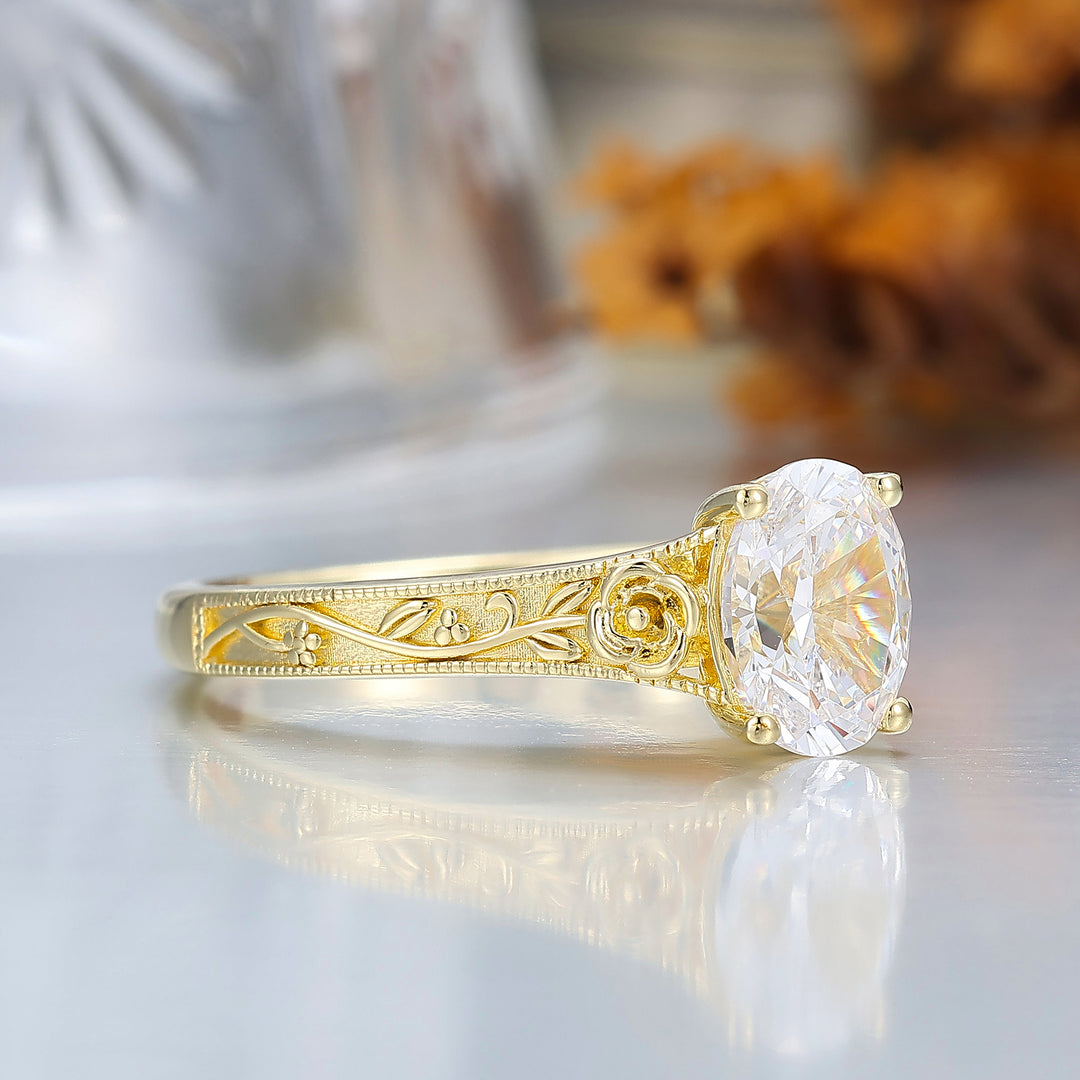 Retro Rose Floral Style Oval Cut Moissanite Bridal Ring Solitaire Moissanite Wedding Ring For Her