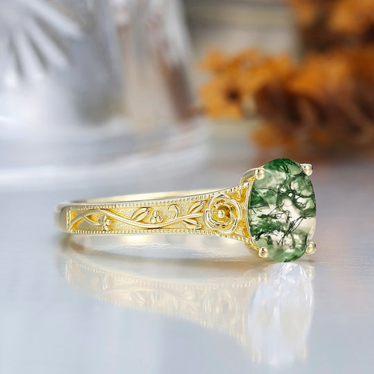 Retro Rose Floral Style Oval Cut Natural Moss Agate Bridal Ring Solitaire Moissanite Wedding Ring For Her