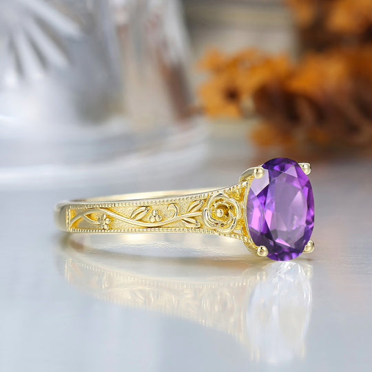 Retro Rose Floral Style Oval Cut Amethyst Bridal Ring Solitaire Moissanite Wedding Ring For Her