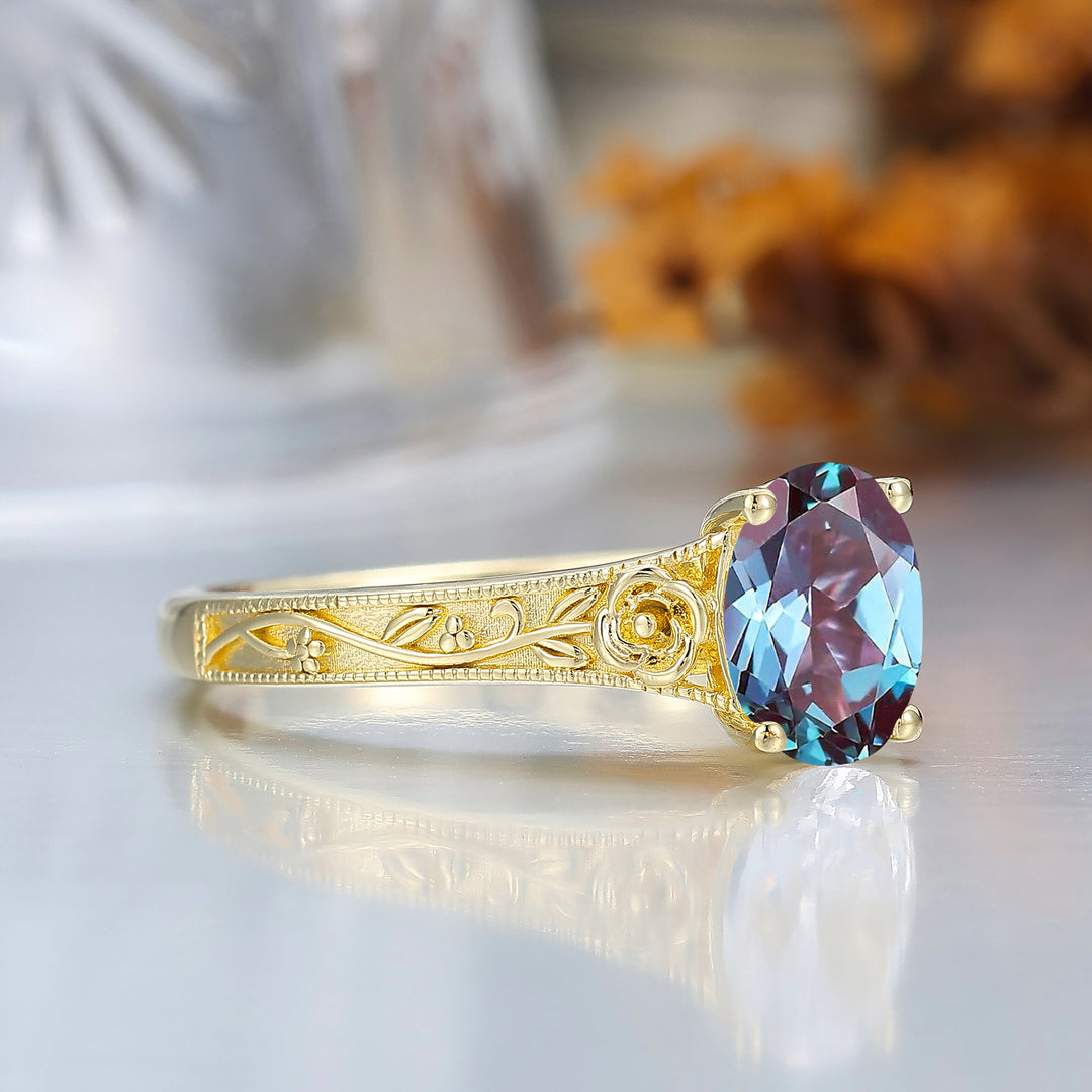 Retro Rose Floral Style Oval Cut Alexandrite Bridal Ring Solitaire Wedding Ring For Her