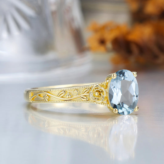 Retro Rose Floral Style Oval Cut Aquamarine Bridal Ring Solitaire Moissanite Wedding Ring For Her