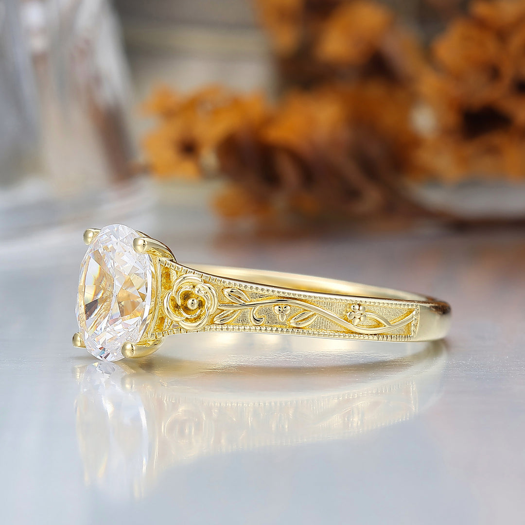 Retro Rose Floral Style Oval Cut Moissanite Bridal Ring Solitaire Moissanite Wedding Ring For Her