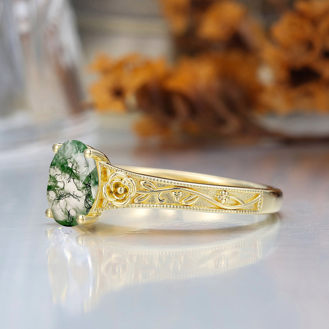 Retro Rose Floral Style Oval Cut Natural Moss Agate Bridal Ring Solitaire Moissanite Wedding Ring For Her
