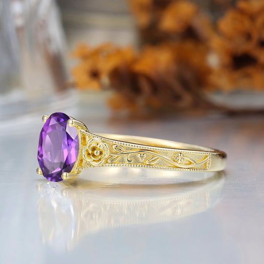Retro Rose Floral Style Oval Cut Amethyst Bridal Ring Solitaire Moissanite Wedding Ring For Her