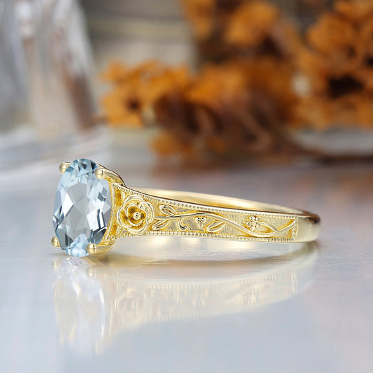 Retro Rose Floral Style Oval Cut Aquamarine Bridal Ring Solitaire Moissanite Wedding Ring For Her
