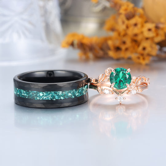 Unique Leaf Design Round Cut Emerald Couple Rings Matching S925 Rose Gold Plated And Black Tungsten Rings