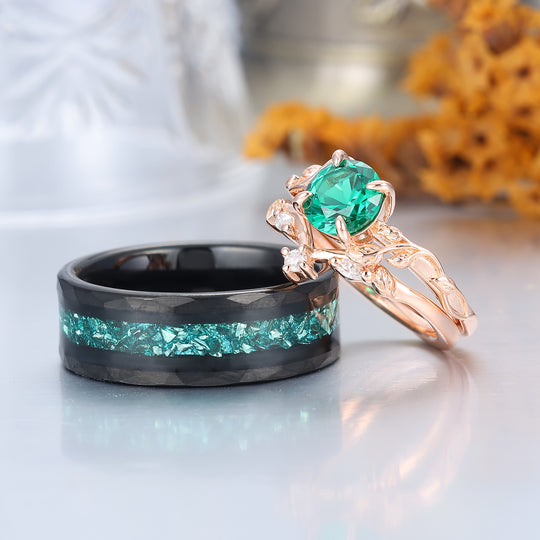 Unique Leaf Design Round Cut Emerald Couple Rings Matching S925 Rose Gold Plated And Black Tungsten Rings