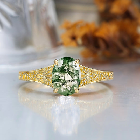 Solid 14k Yellow Gold Vintage Oval Cut Moss Agate Engagement Rings Carved Vine Bridal Ring