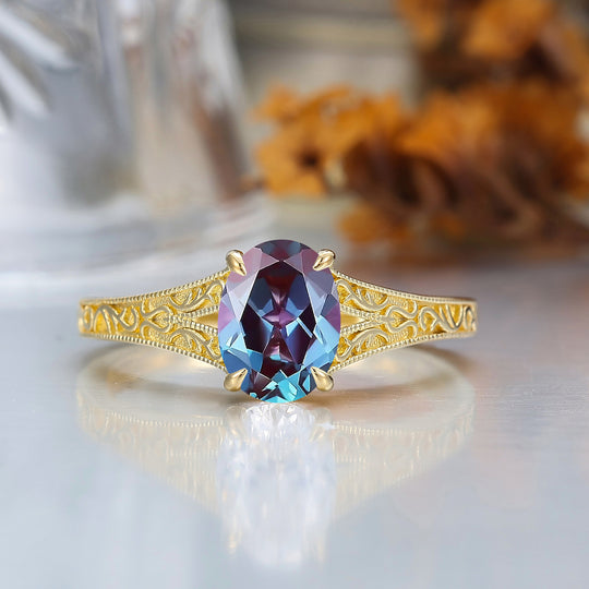 Solid 14k Yellow Gold Vintage Oval Cut Alexandrite Engagement Rings Carved Vine Bridal Ring