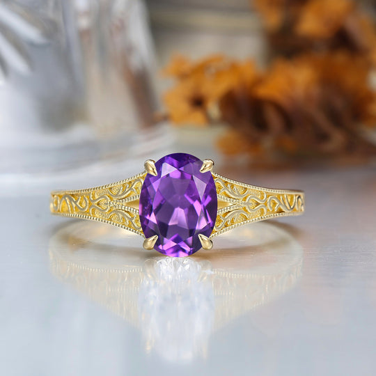 Solid 14k Yellow Gold Vintage Oval Cut Amethyst Engagement Rings Carved Vine Bridal Ring
