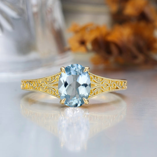 Solid 14k Gold Vintage Oval Cut Aquamarine Engagement Rings Carved Vine Bridal Ring