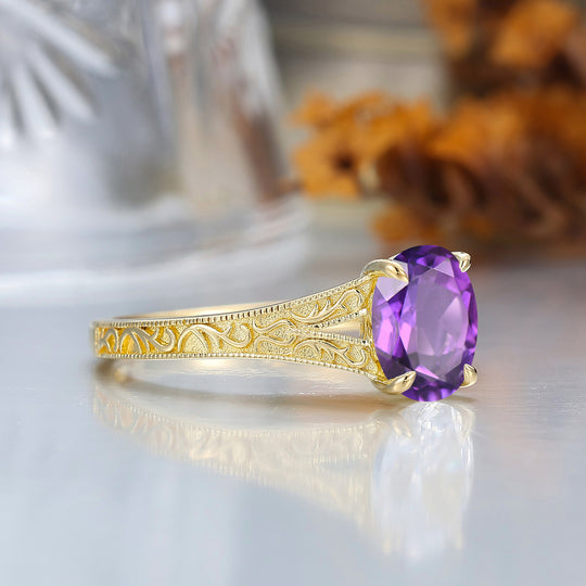 Solid 14k Yellow Gold Vintage Oval Cut Amethyst Engagement Rings Carved Vine Bridal Ring