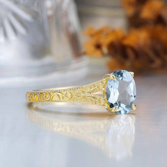 Solid 14k Gold Vintage Oval Cut Aquamarine Engagement Rings Carved Vine Bridal Ring