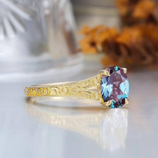 Solid 14k Yellow Gold Vintage Oval Cut Alexandrite Engagement Rings Carved Vine Bridal Ring