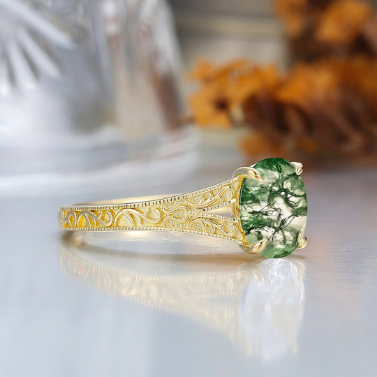 Solid 14k Yellow Gold Vintage Oval Cut Moss Agate Engagement Rings Carved Vine Bridal Ring