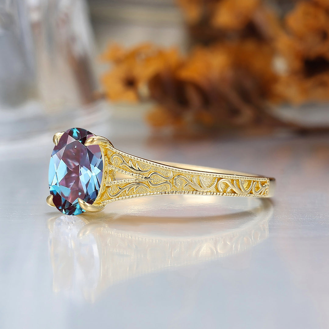 Solid 14k Yellow Gold Vintage Oval Cut Alexandrite Engagement Rings Carved Vine Bridal Ring