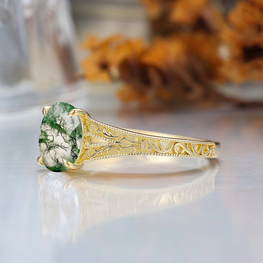 Solid 14k Yellow Gold Vintage Oval Cut Moss Agate Engagement Rings Carved Vine Bridal Ring