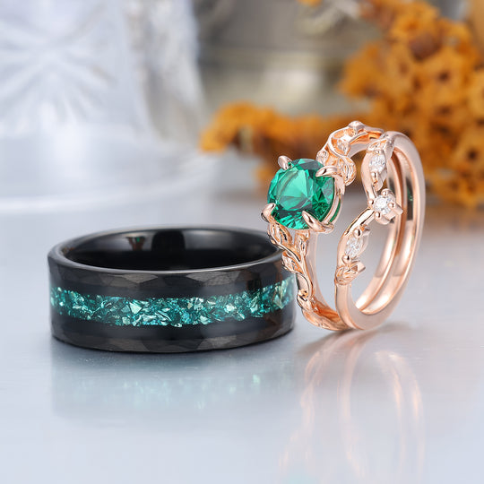 Unique Leaf Design Round Cut Emerald Couple Rings Matching S925 Rose Gold Plated And Black Tungsten Rings