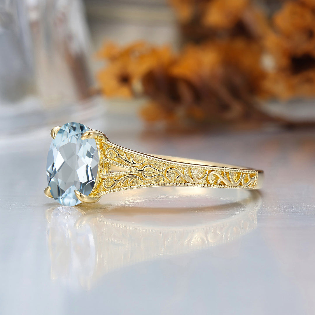 Solid 14k Gold Vintage Oval Cut Aquamarine Engagement Rings Carved Vine Bridal Ring