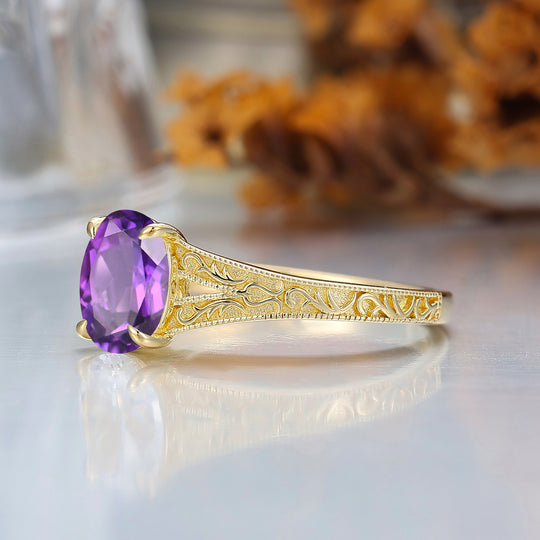 Solid 14k Yellow Gold Vintage Oval Cut Amethyst Engagement Rings Carved Vine Bridal Ring