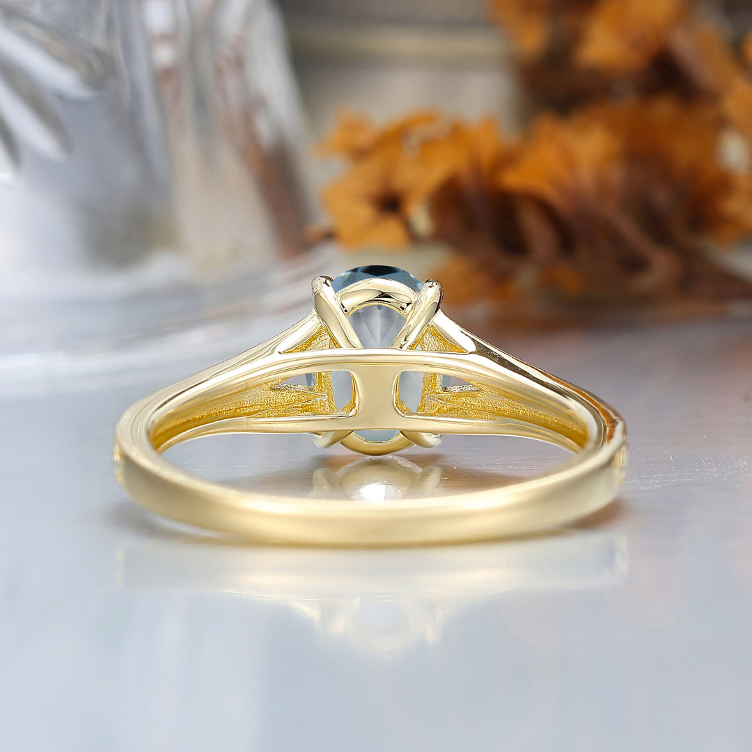 Solid 14k Gold Vintage Oval Cut Aquamarine Engagement Rings Carved Vine Bridal Ring