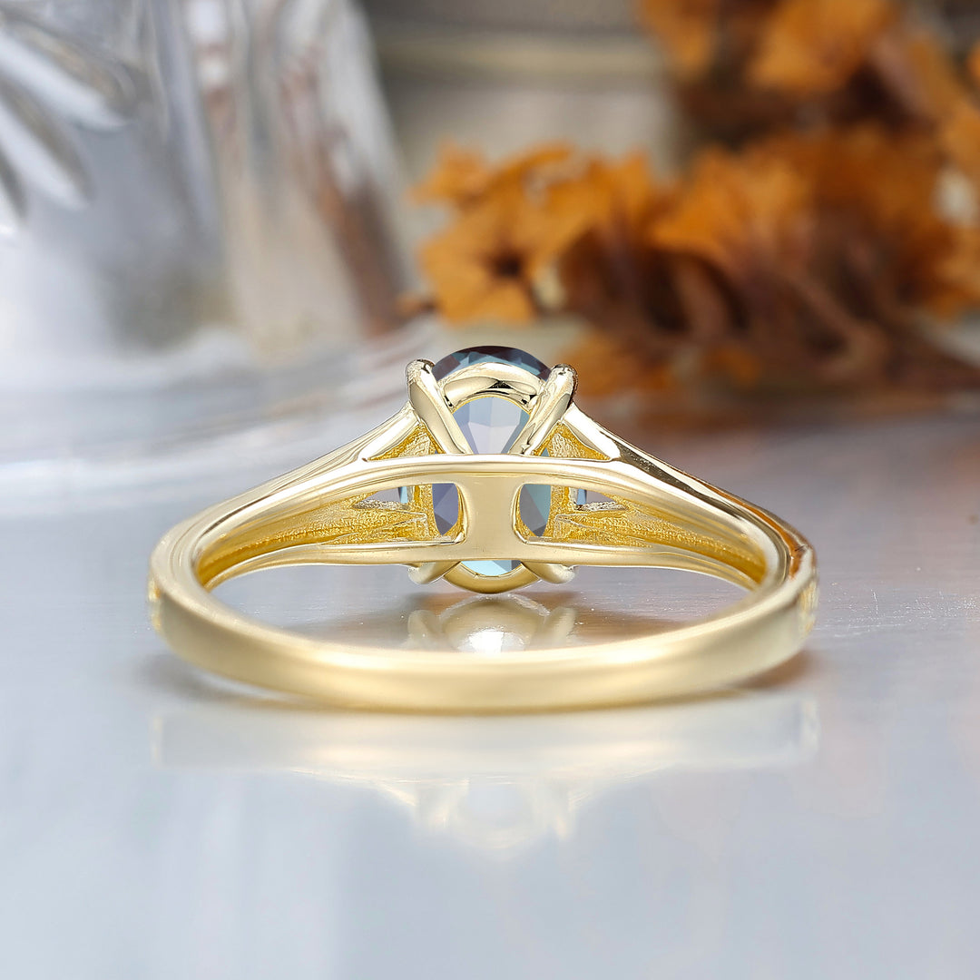 Solid 14k Yellow Gold Vintage Oval Cut Alexandrite Engagement Rings Carved Vine Bridal Ring