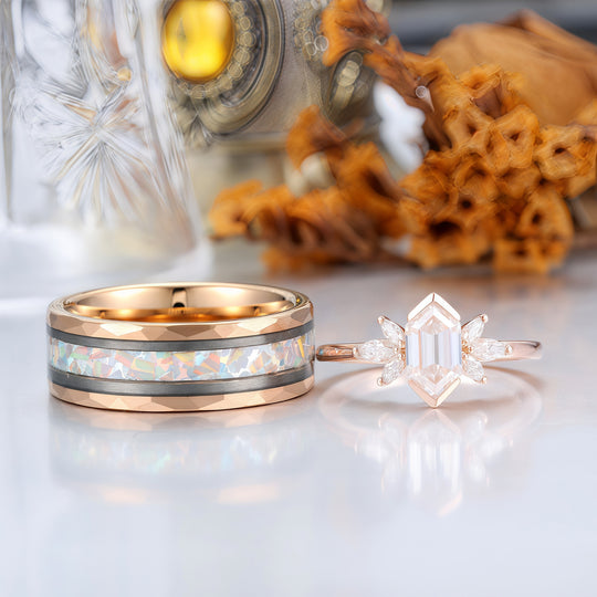Minimalist Long Hexagon Moissanite Matching Rings Tungsten and Sterling Silver Couple Rings