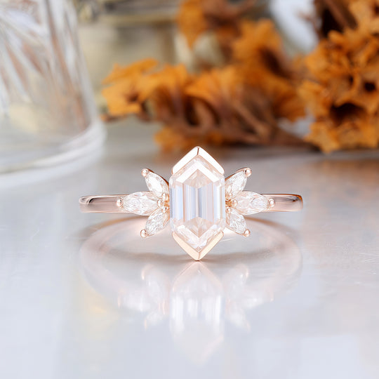 Minimalist Long Hexagon Moissanite Matching Rings Tungsten and Sterling Silver Couple Rings