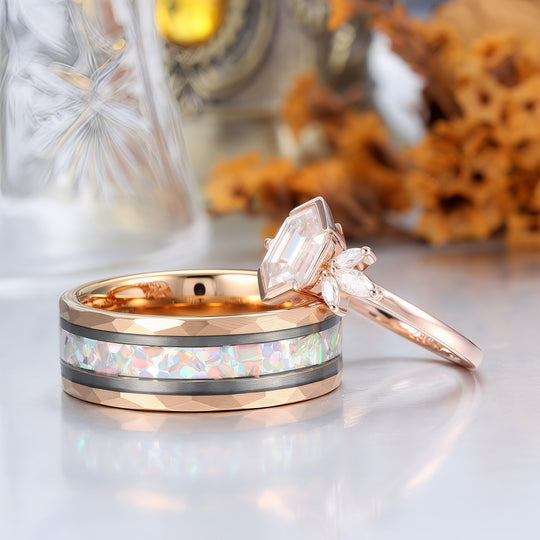 Minimalist Long Hexagon Moissanite Matching Rings Tungsten and Sterling Silver Couple Rings