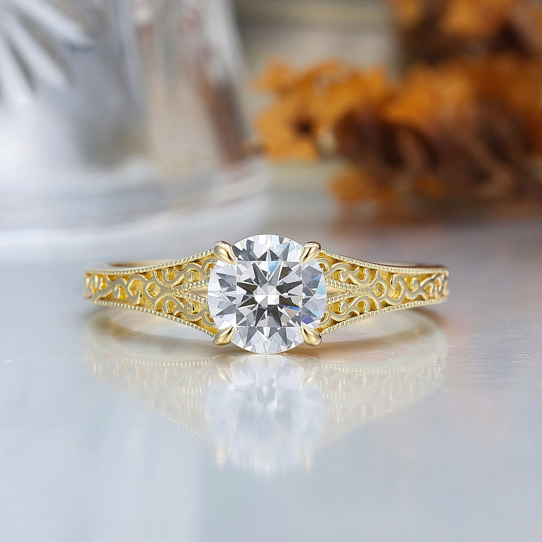 14K Vintage runder Solitär Verlobungsring aus Gelbgold mit Moissanit, filigraner Ring