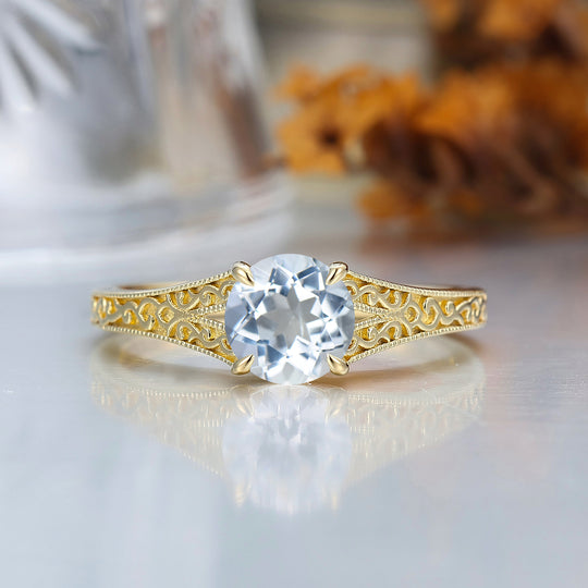 Vintage Round  Solitaire Yellow Gold Moissanite Engagement Ring Filigree Ring