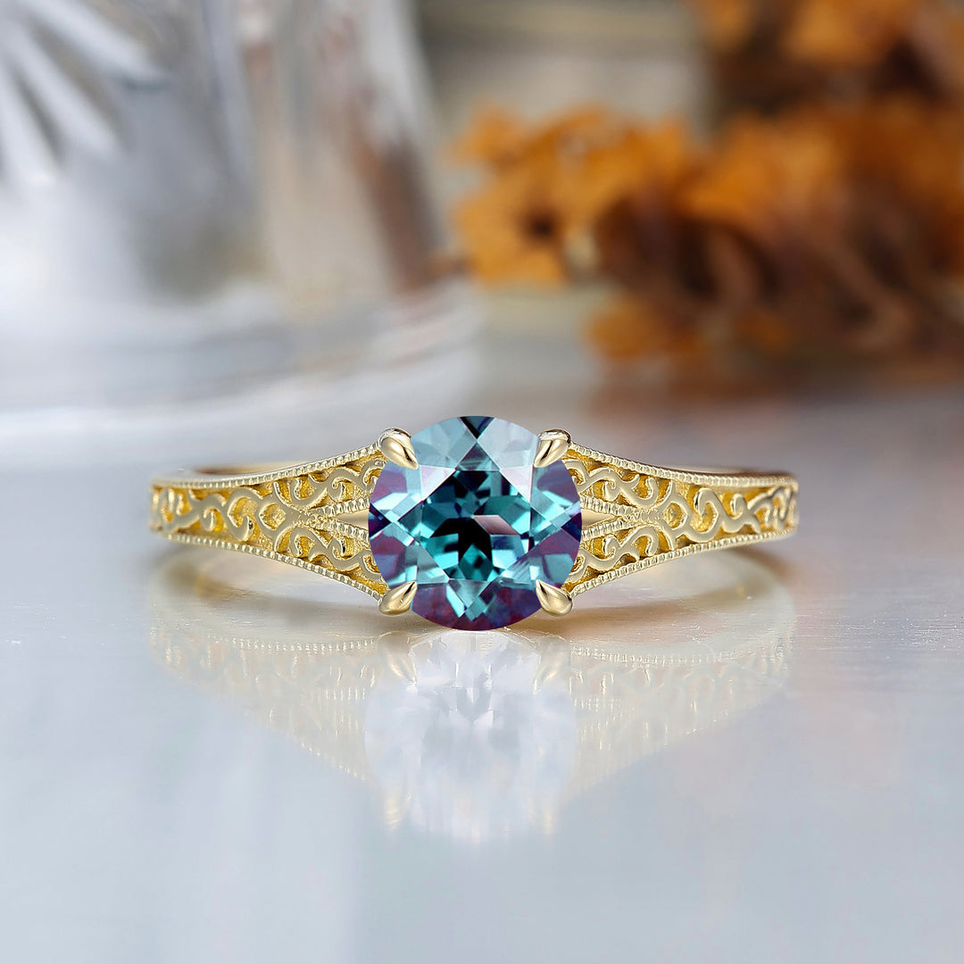14K Vintage Round Cut Solitaire Yellow Gold Alexandrite Engagement Ring Filigree Ring