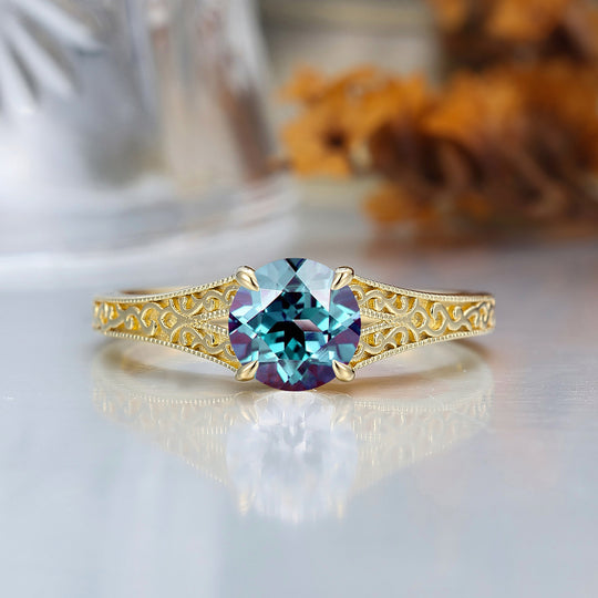 14K Vintage Round Cut Solitaire Yellow Gold Alexandrite Engagement Ring Filigree Ring