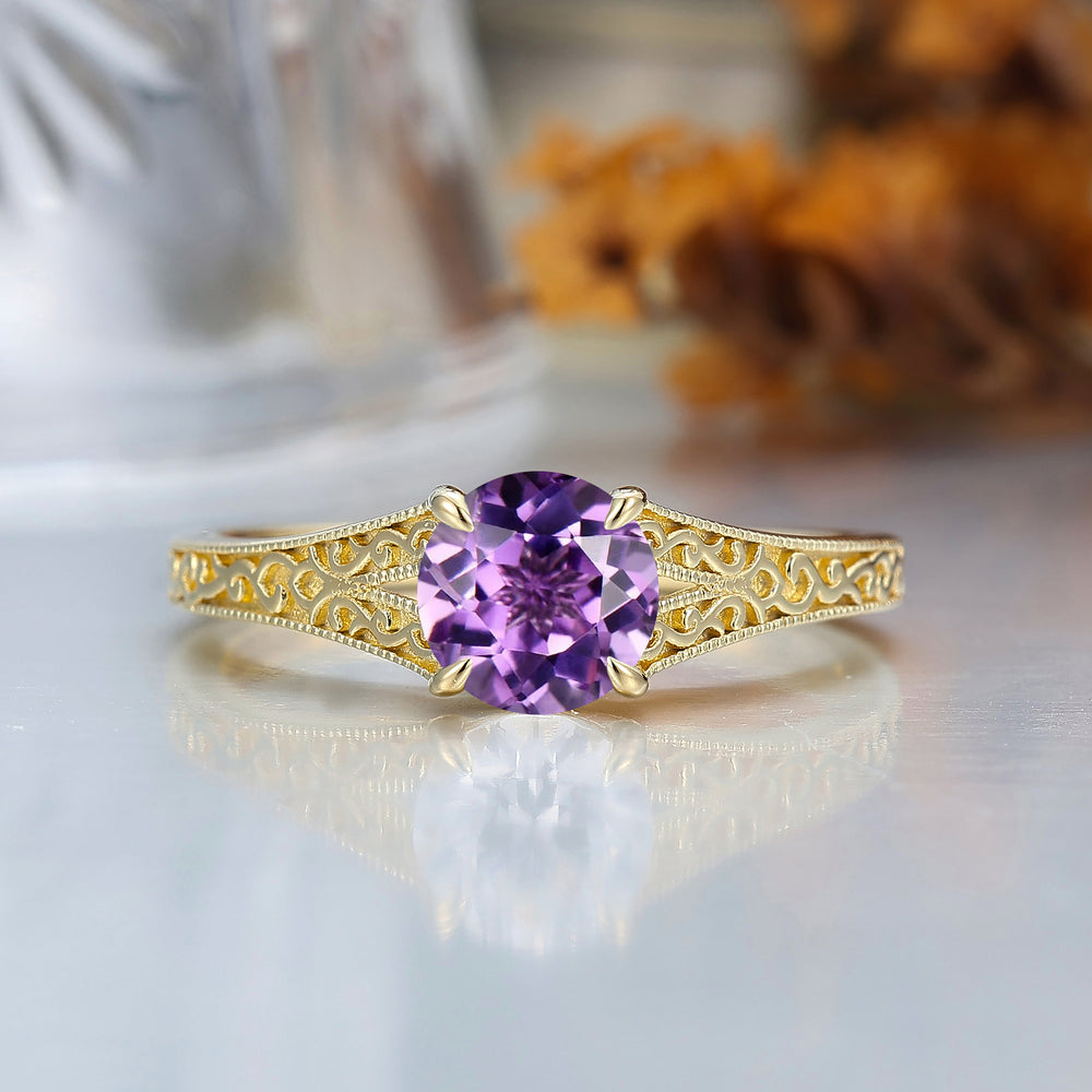 14K Vintage  Round  Solitaire Yellow Gold Amethyst Engagement Ring Filigree Ring For Women