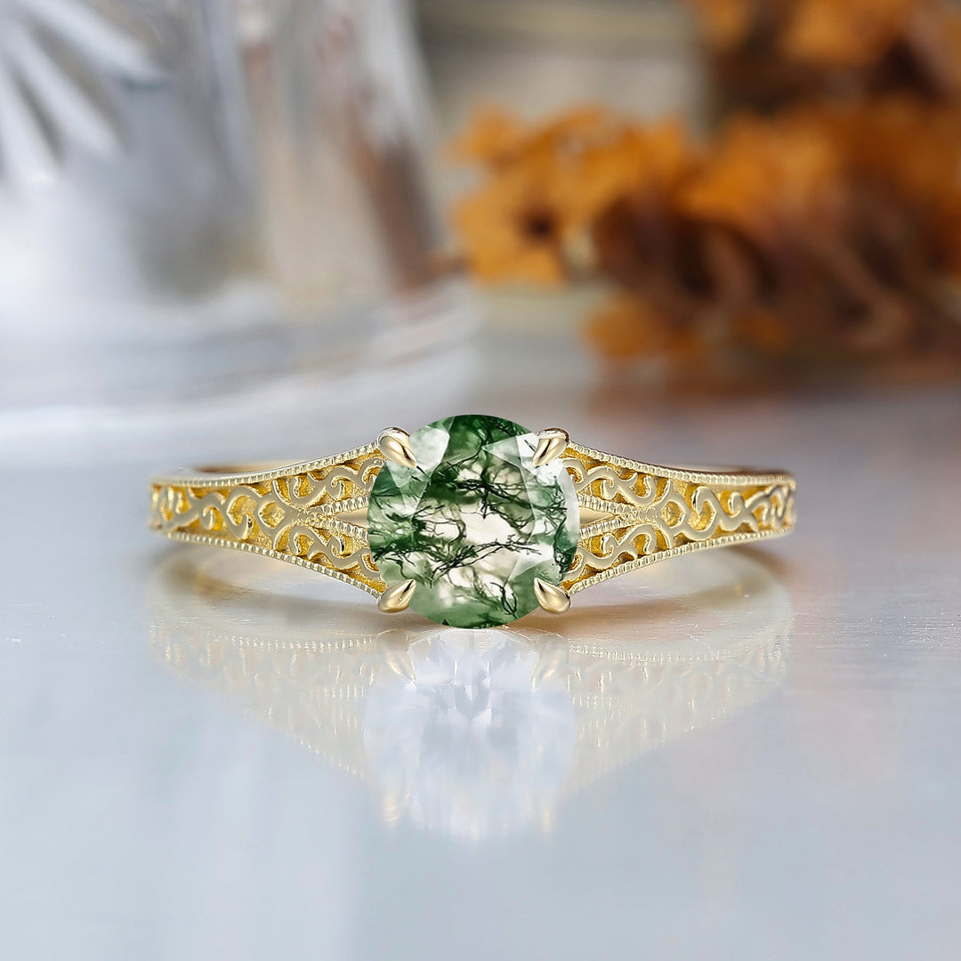 14K Vintage  Round  Solitaire Yellow Gold Moss Agate Engagement Ring Filigree Ring Women Ring