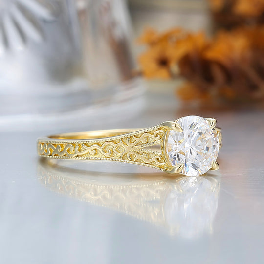 14K Vintage runder Solitär Verlobungsring aus Gelbgold mit Moissanit, filigraner Ring