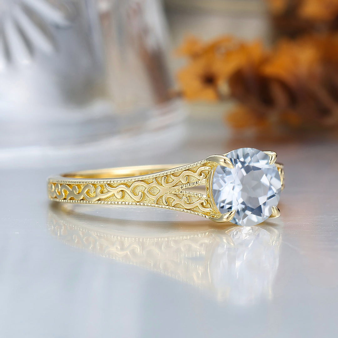 Vintage Round  Solitaire Yellow Gold Moissanite Engagement Ring Filigree Ring